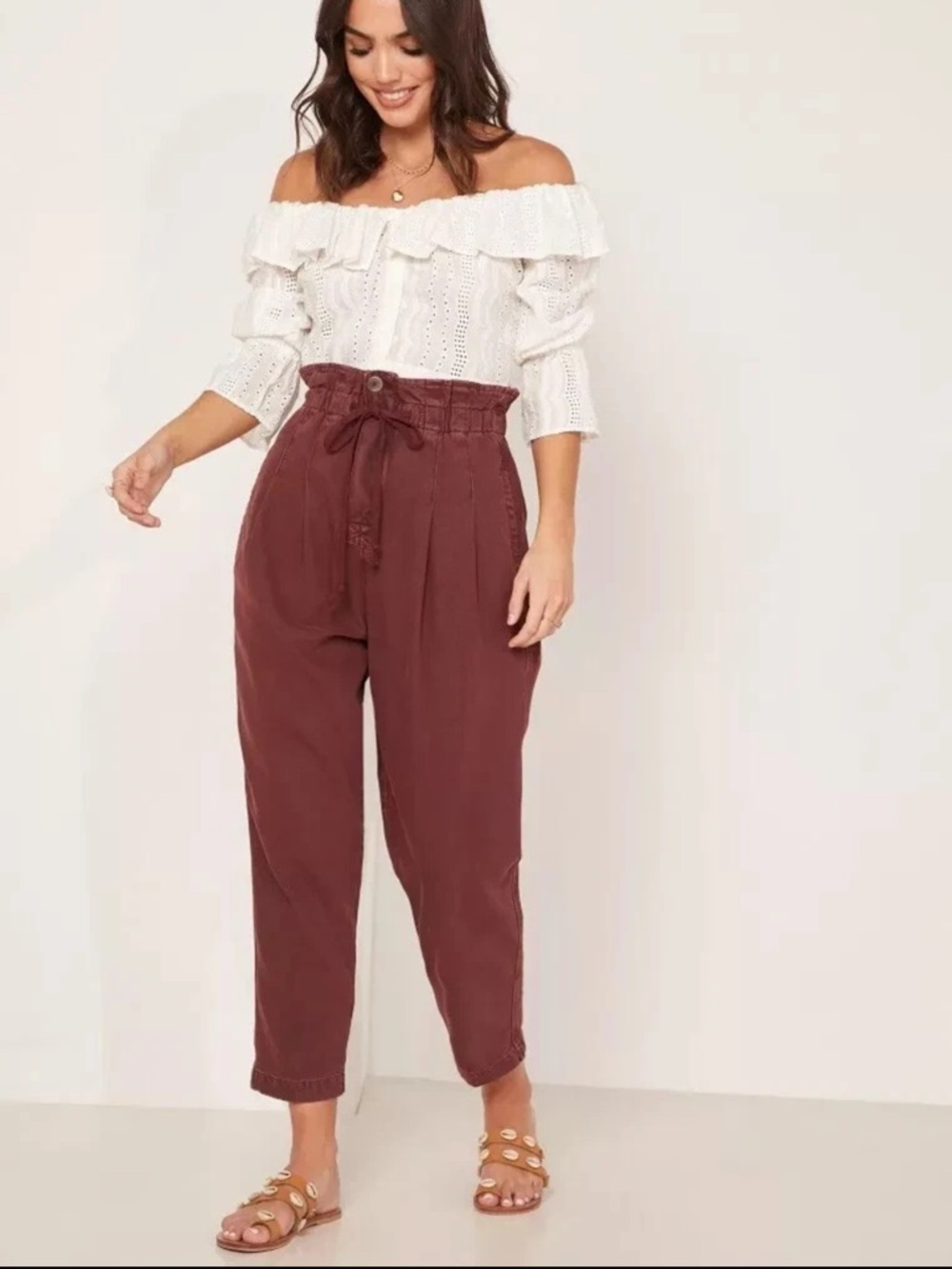 Free People‎ Margate Paperbag High Waist Pleated Pants Rust Wine Medium